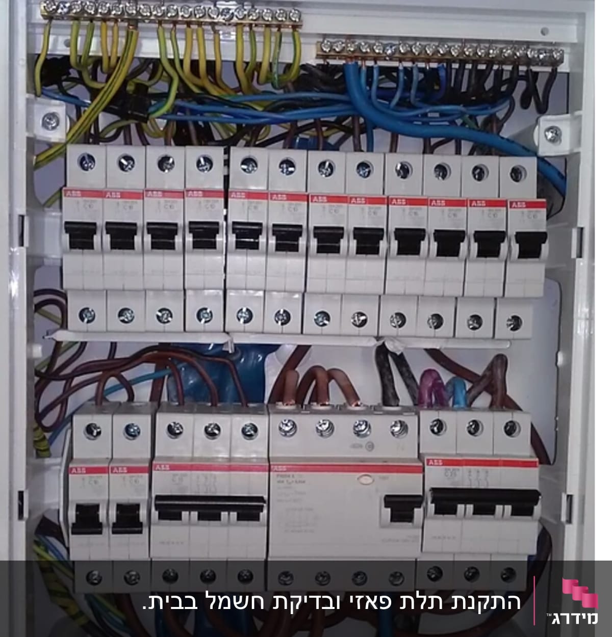 לוח חשמל עם מפסקים וחוטי חשמל צבעוניים